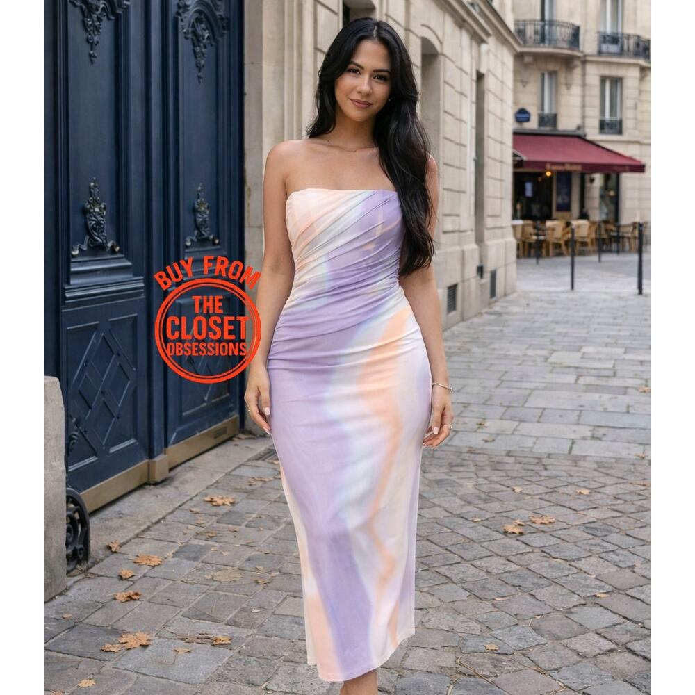 ZARA Watercolor Ruched Strapless Midi Dress Pastel Wedding Guest Resort NWT L